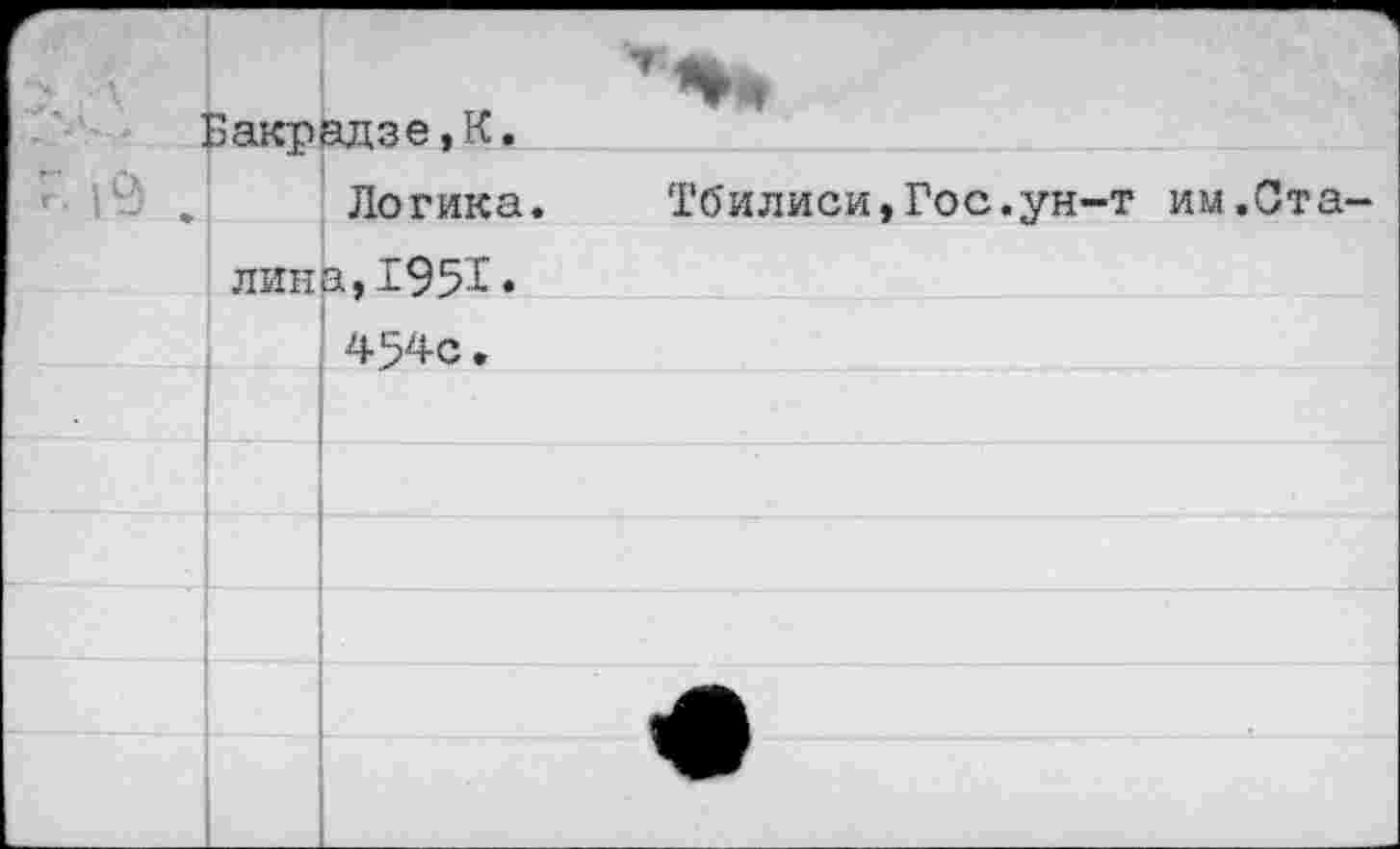 ﻿	Зак-радзе.К.	
г' |9 .		Логика.
	липа, .1951.	
		454с.
		
		
		
		
		
		
Тбилиси,Гос.ун-т им.Ста-